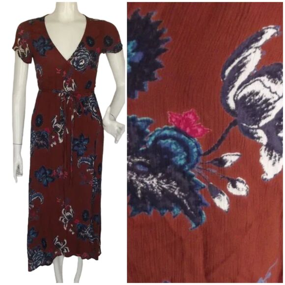 BILLABONG Wrap Dress, S, Rust/Multicolor Floral, Short sleeve, Rayon - Picture 1 of 15